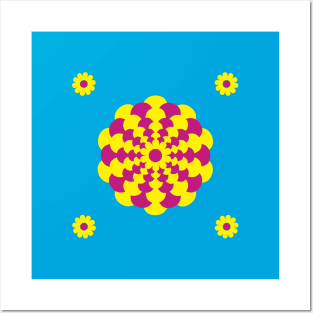 Yellow and Cerise Dahlia and Daisies on a Vibrant Blue background Posters and Art